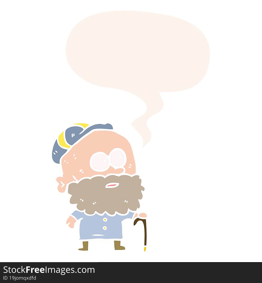 old cartoon man and walking stick and flat cap and speech bubble in retro style