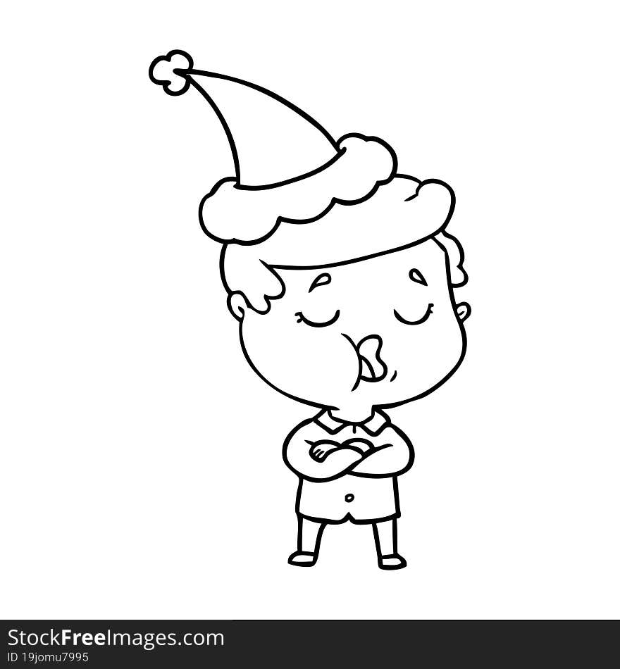 hand drawn line drawing of a man talking wearing santa hat