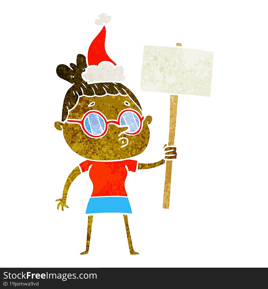 retro cartoon of a woman wearing glasses wearing santa hat