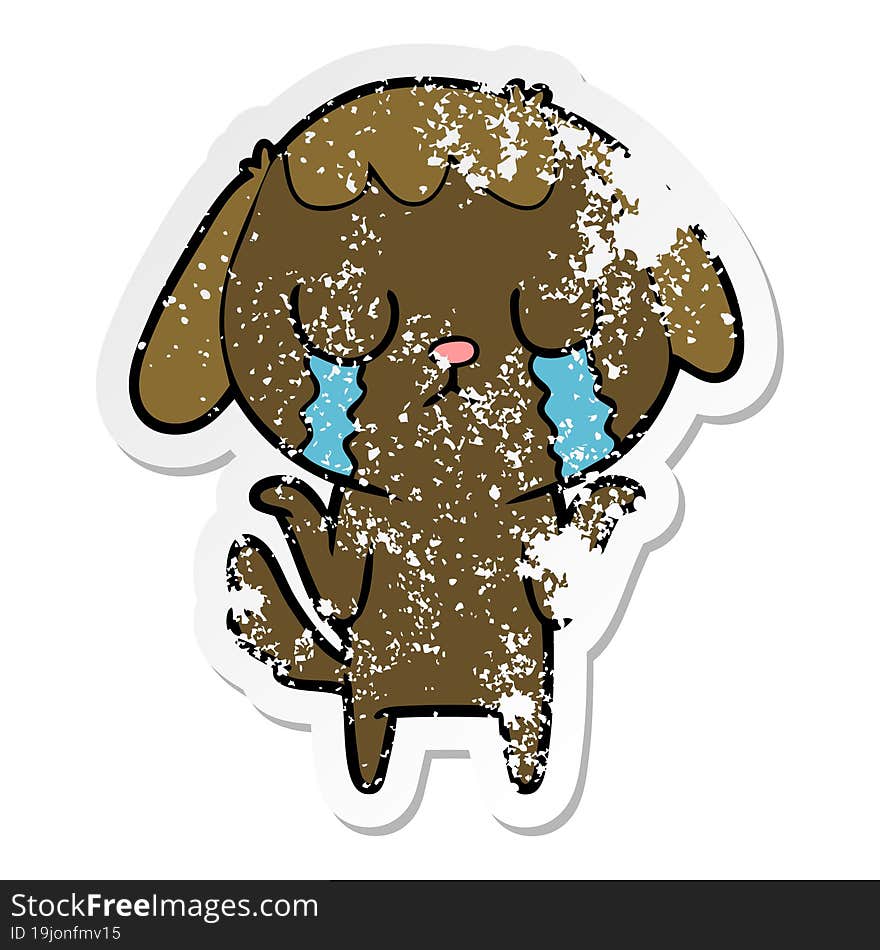 Distressed Sticker Of A Cute Cartoon Dog Crying