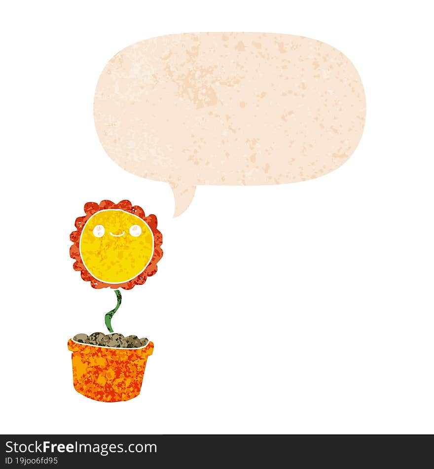 cartoon flower and speech bubble in retro textured style