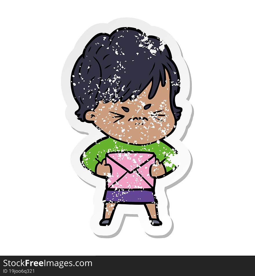 distressed sticker of a cartoon frustrated woman