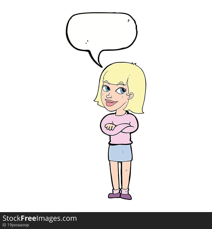 cartoon happy woman looking over with speech bubble