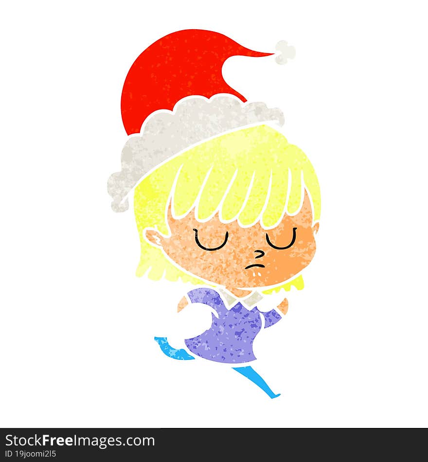 hand drawn retro cartoon of a woman wearing santa hat