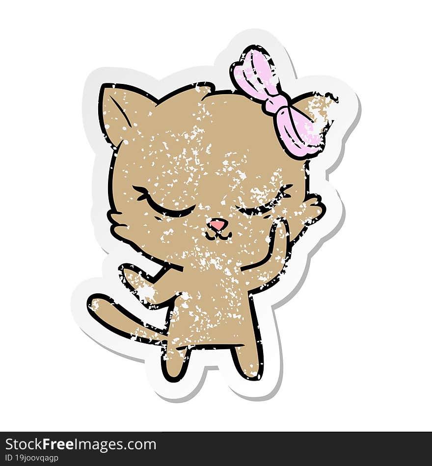 distressed sticker of a cute cartoon cat with bow