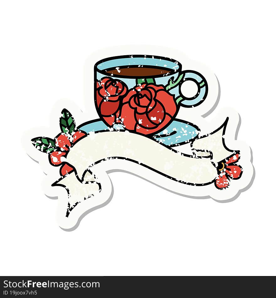 grunge sticker with banner of a cup and flowers