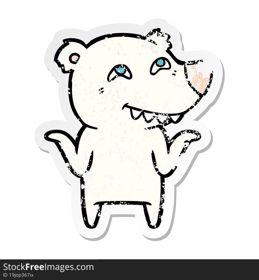 distressed sticker of a cartoon polar bear showing teeth