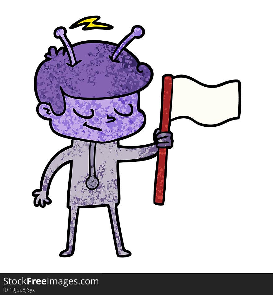 friendly cartoon spaceman with white flag. friendly cartoon spaceman with white flag