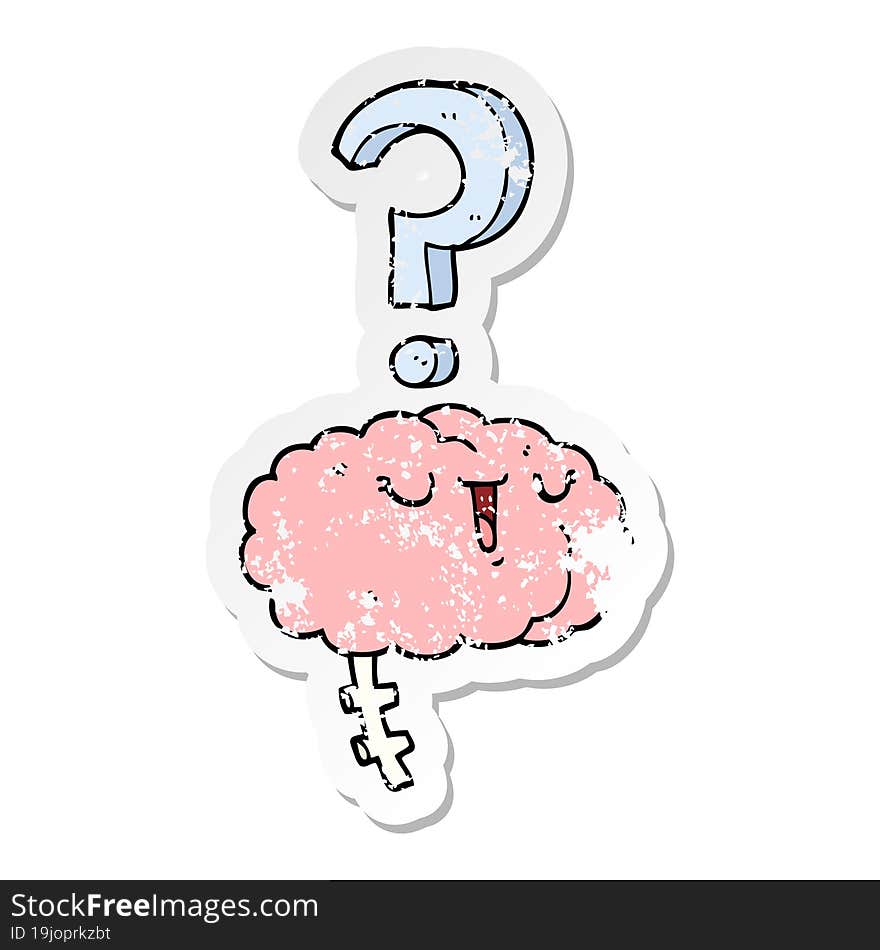 Distressed Sticker Of A Cartoon Curious Brain