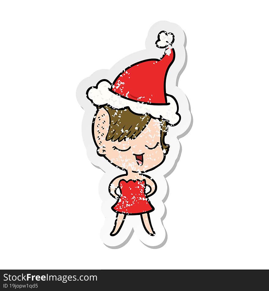 Happy Distressed Sticker Cartoon Of A Girl In Cocktail Dress Wearing Santa Hat