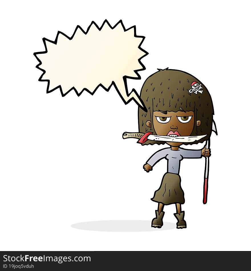 cartoon woman with knife and harpoon with speech bubble