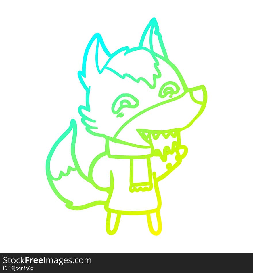 cold gradient line drawing cartoon hungry wolf in winter clothes