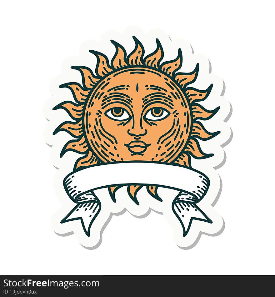 tattoo style sticker with banner of a sun with face