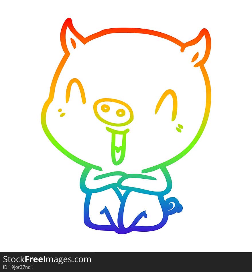 rainbow gradient line drawing of a happy cartoon sitting pig