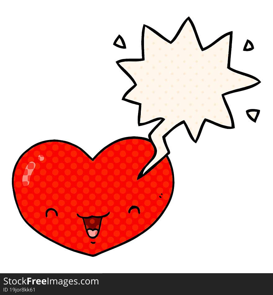 cartoon love heart character and speech bubble in comic book style