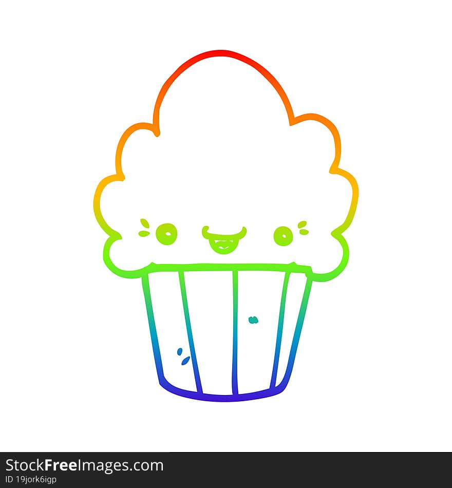 rainbow gradient line drawing of a cartoon cupcake with face