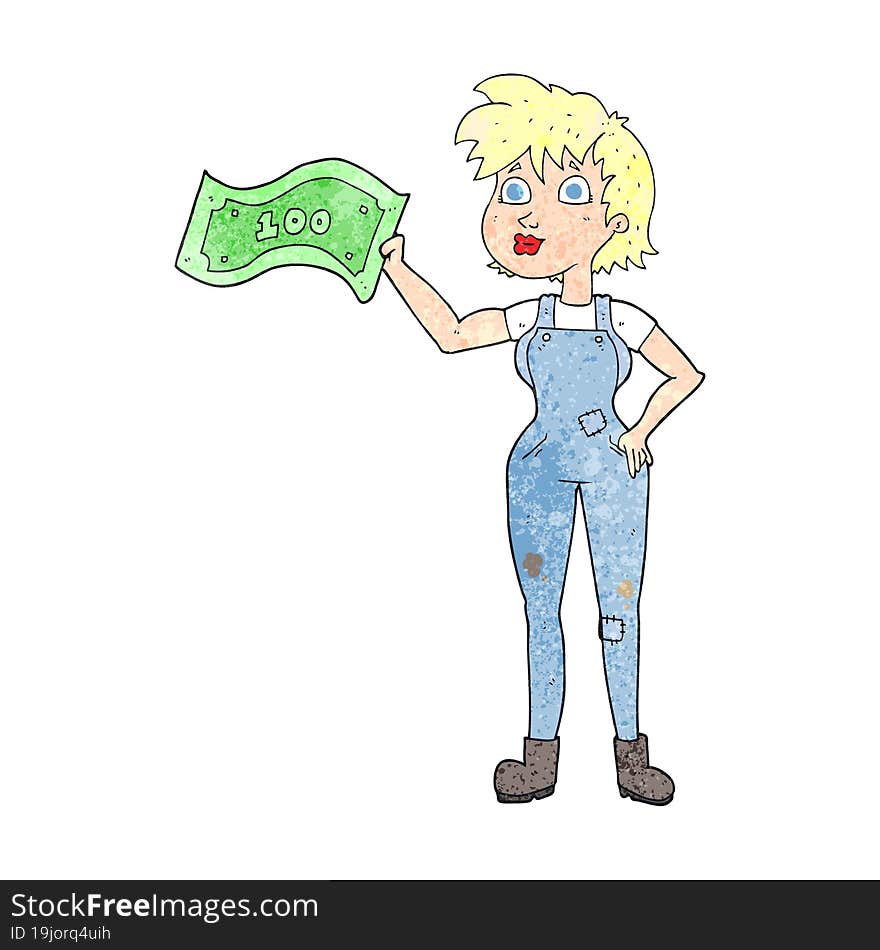 freehand textured cartoon confident farmer woman with money