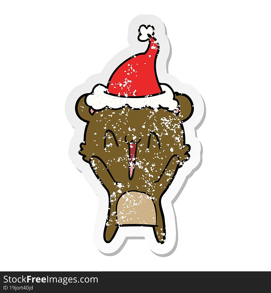 Happy Bear Distressed Sticker Cartoon Of A Wearing Santa Hat