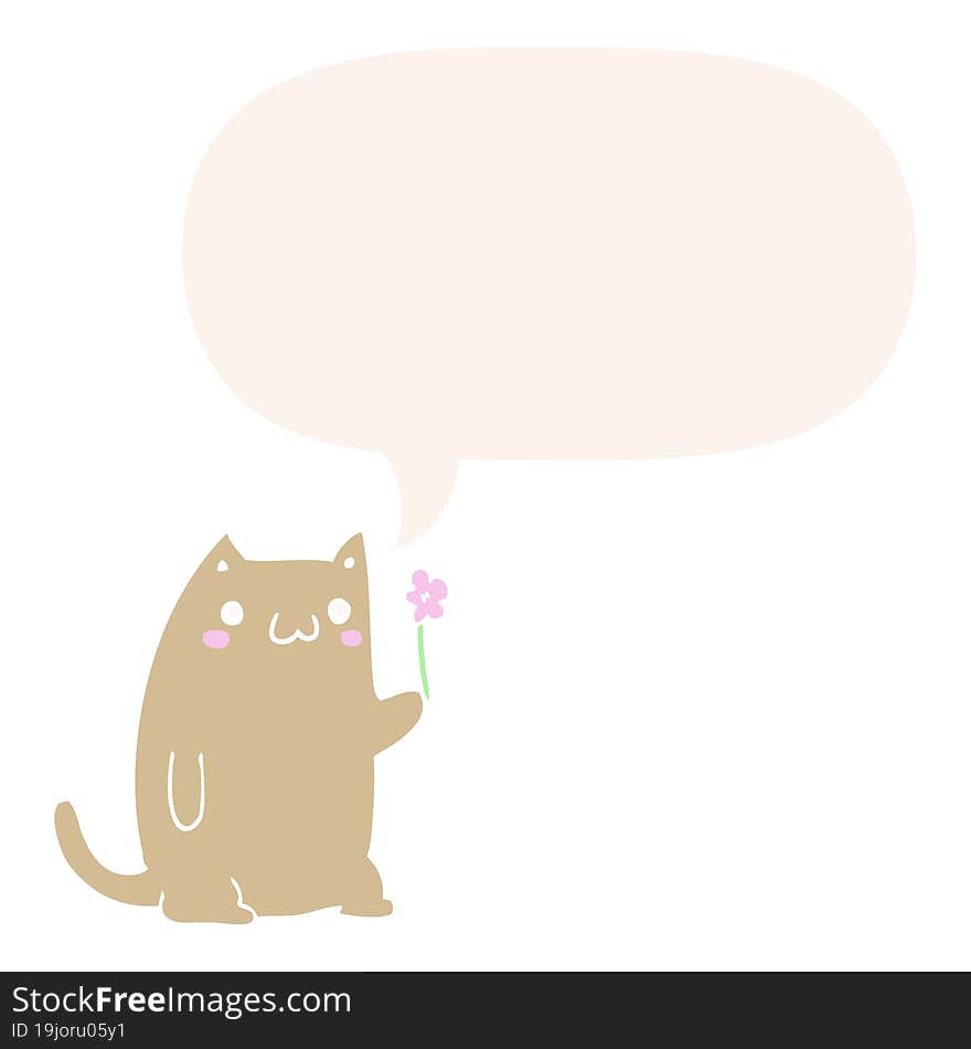 cute cartoon cat and flower and speech bubble in retro style