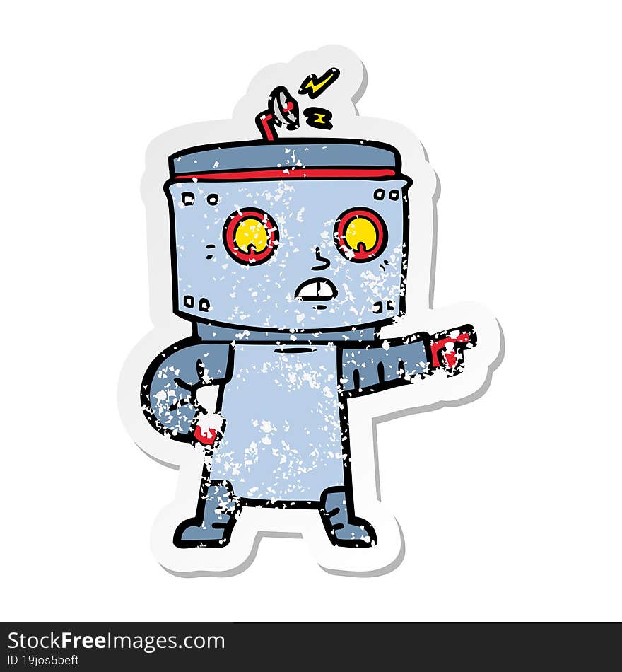 Distressed Sticker Of A Cartoon Robot Pointing