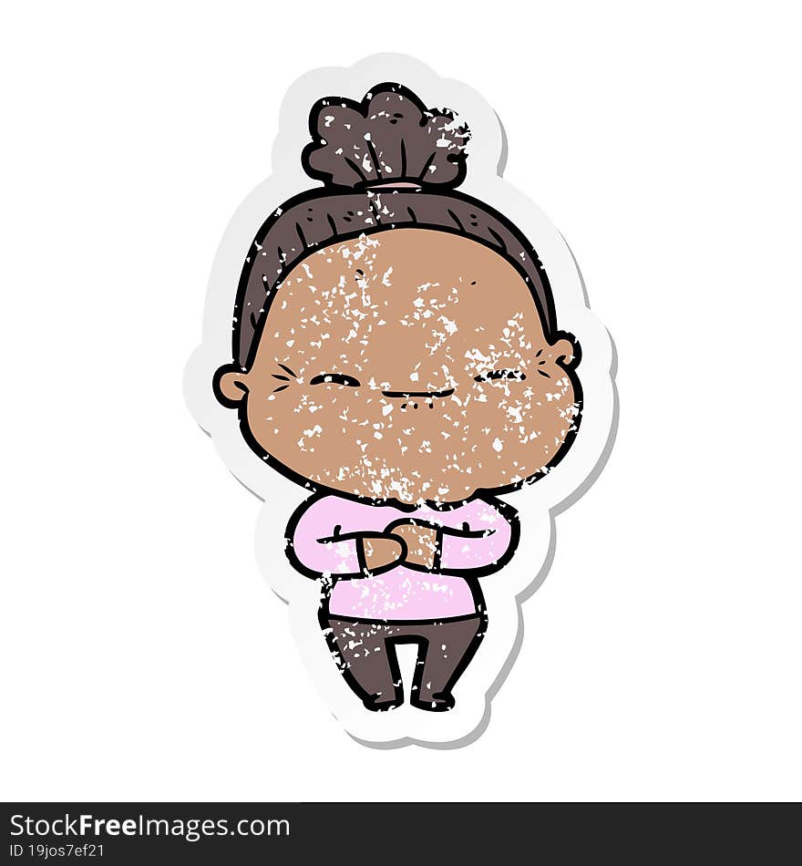 distressed sticker of a cartoon peaceful old woman