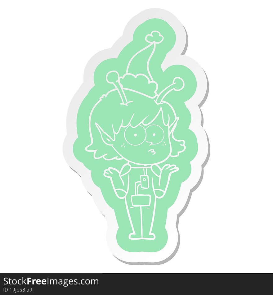 cartoon  sticker of a alien girl wearing santa hat