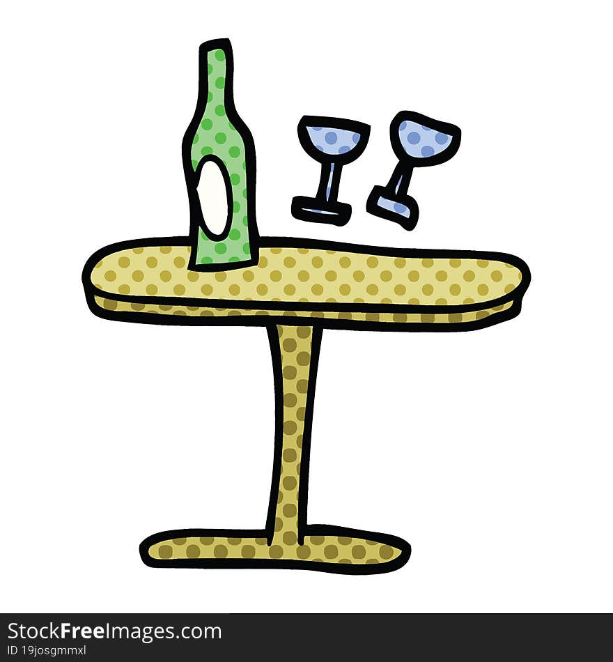 comic book style cartoon table with bottle and glasses