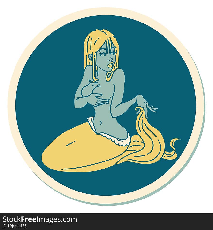 tattoo style sticker of a surprised mermaid