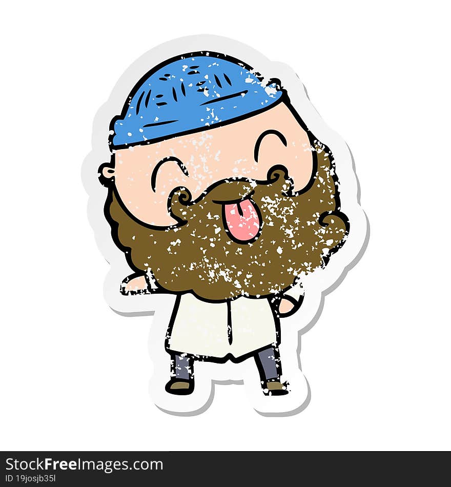 distressed sticker of a man with beard sticking out tongue