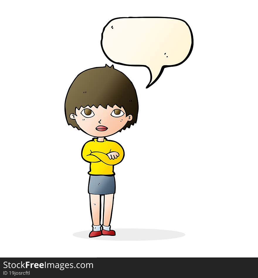 cartoon woman with crossed arms with speech bubble