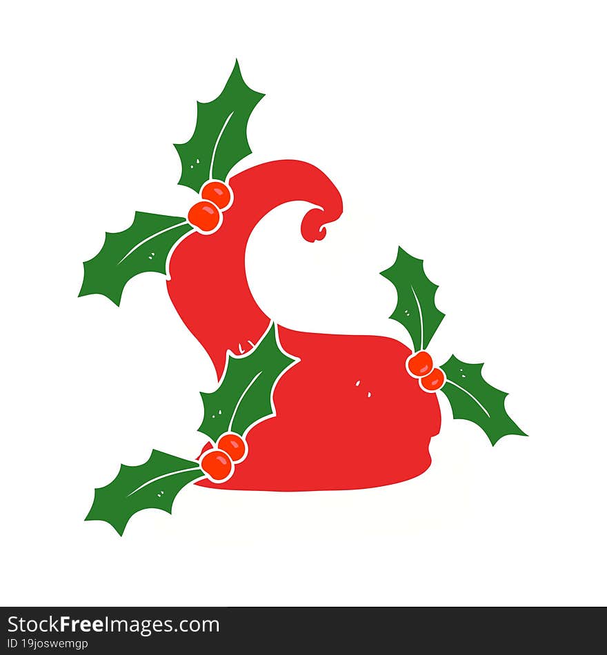 flat color illustration of a cartoon christmas holly hat