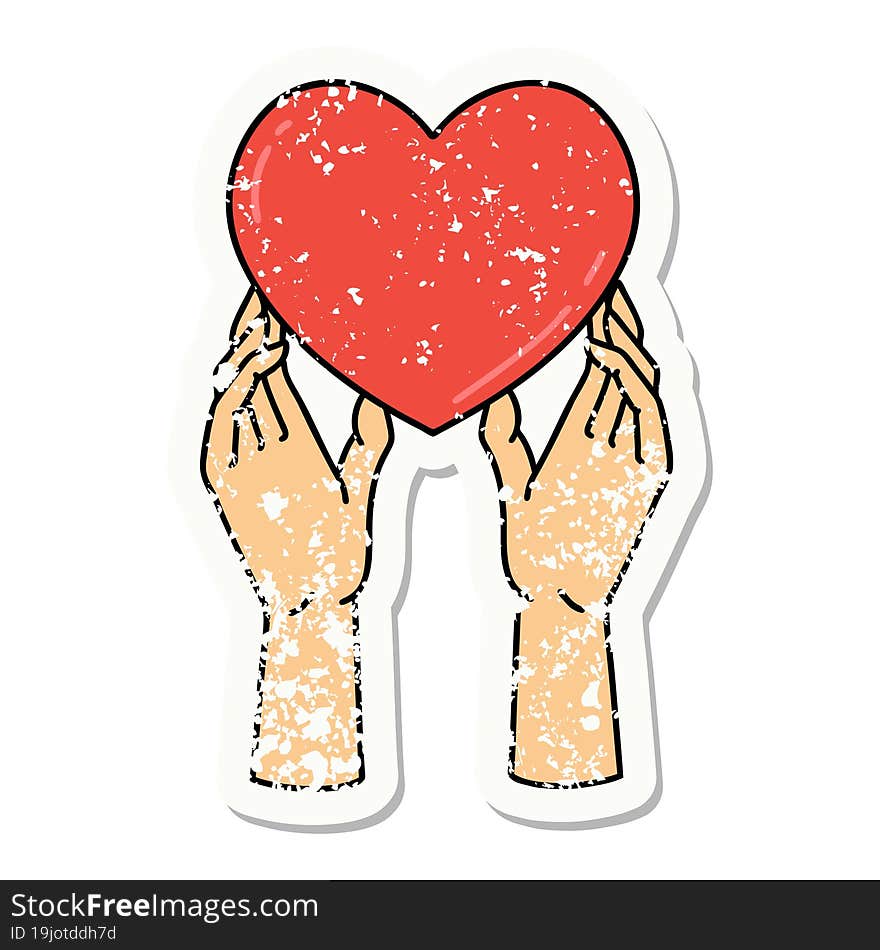 distressed sticker tattoo in traditional style of hands reaching for a heart. distressed sticker tattoo in traditional style of hands reaching for a heart