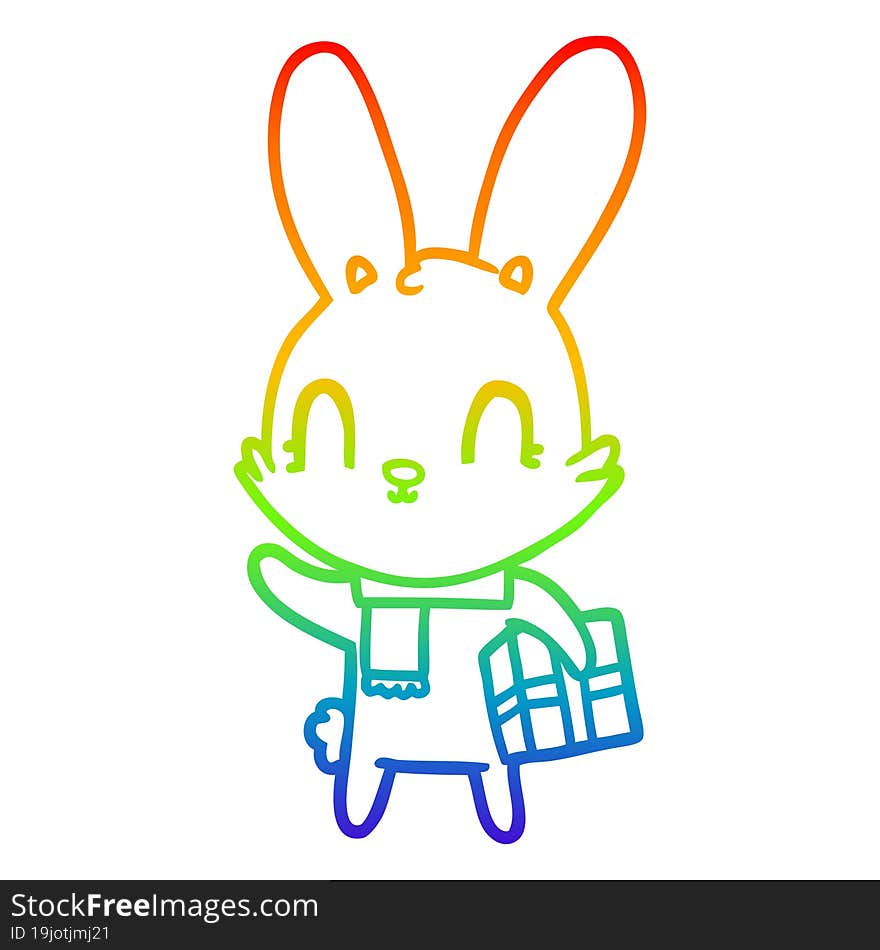 rainbow gradient line drawing of a cute cartoon rabbit with christmas present