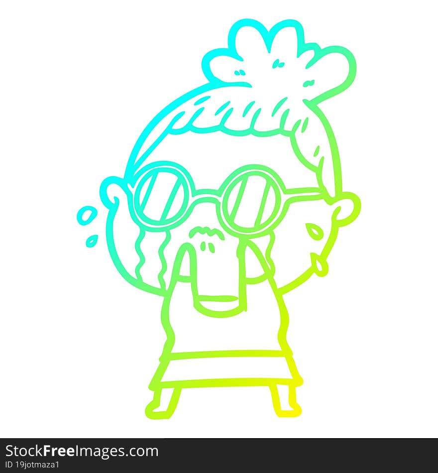 cold gradient line drawing cartoon crying woman wearing sunglasses