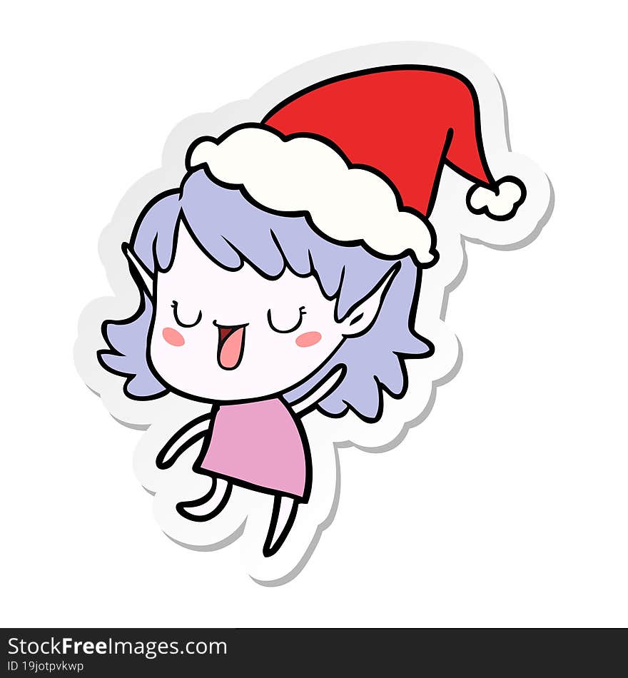 sticker cartoon of a elf girl wearing santa hat