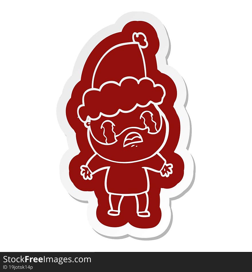 quirky cartoon  sticker of a bearded man crying wearing santa hat