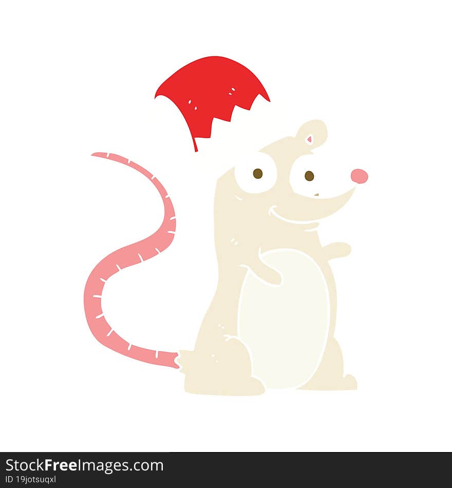 Flat Color Illustration Of A Cartoon Mouse Wearing Christmas Hat