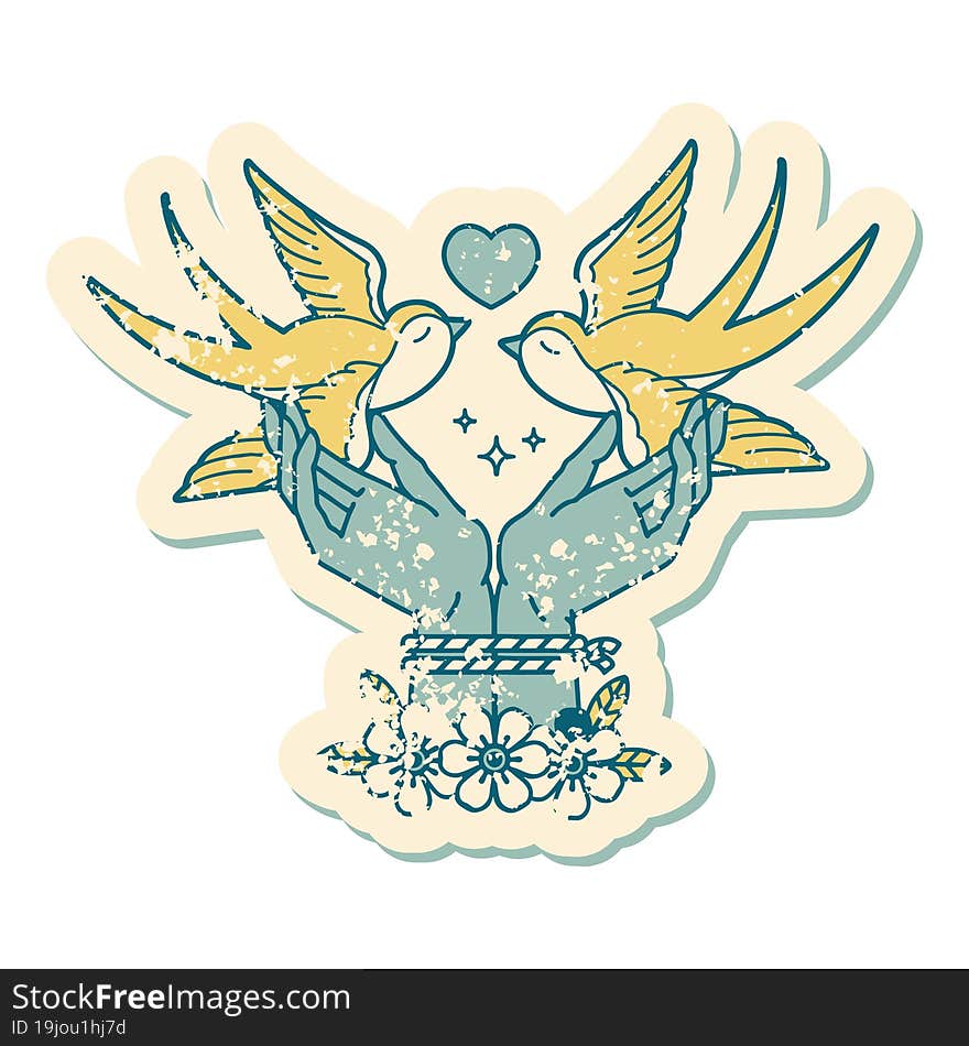 iconic distressed sticker tattoo style image of tied hands and swallows. iconic distressed sticker tattoo style image of tied hands and swallows