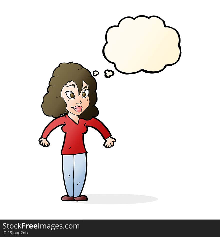 cartoon woman shrugging shoulders with thought bubble