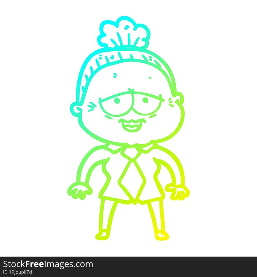 cold gradient line drawing of a cartoon happy old lady