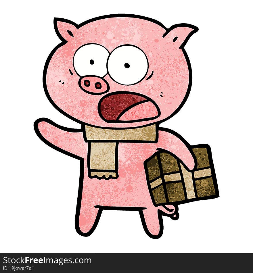 cartoon pig with christmas present. cartoon pig with christmas present