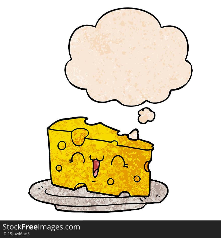 Cute Cartoon Cheese And Thought Bubble In Grunge Texture Pattern Style