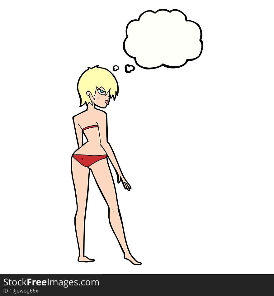 cartoon woman in bikini with thought bubble