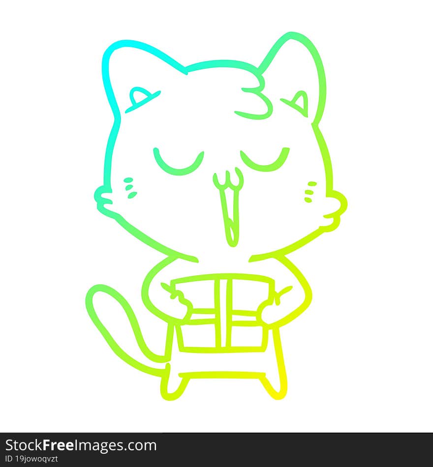 cold gradient line drawing cartoon cat with present