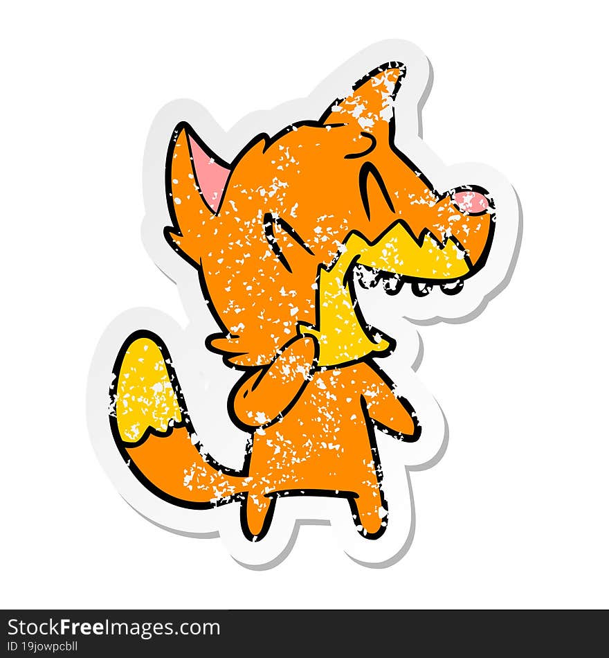 distressed sticker of a laughing fox cartoon