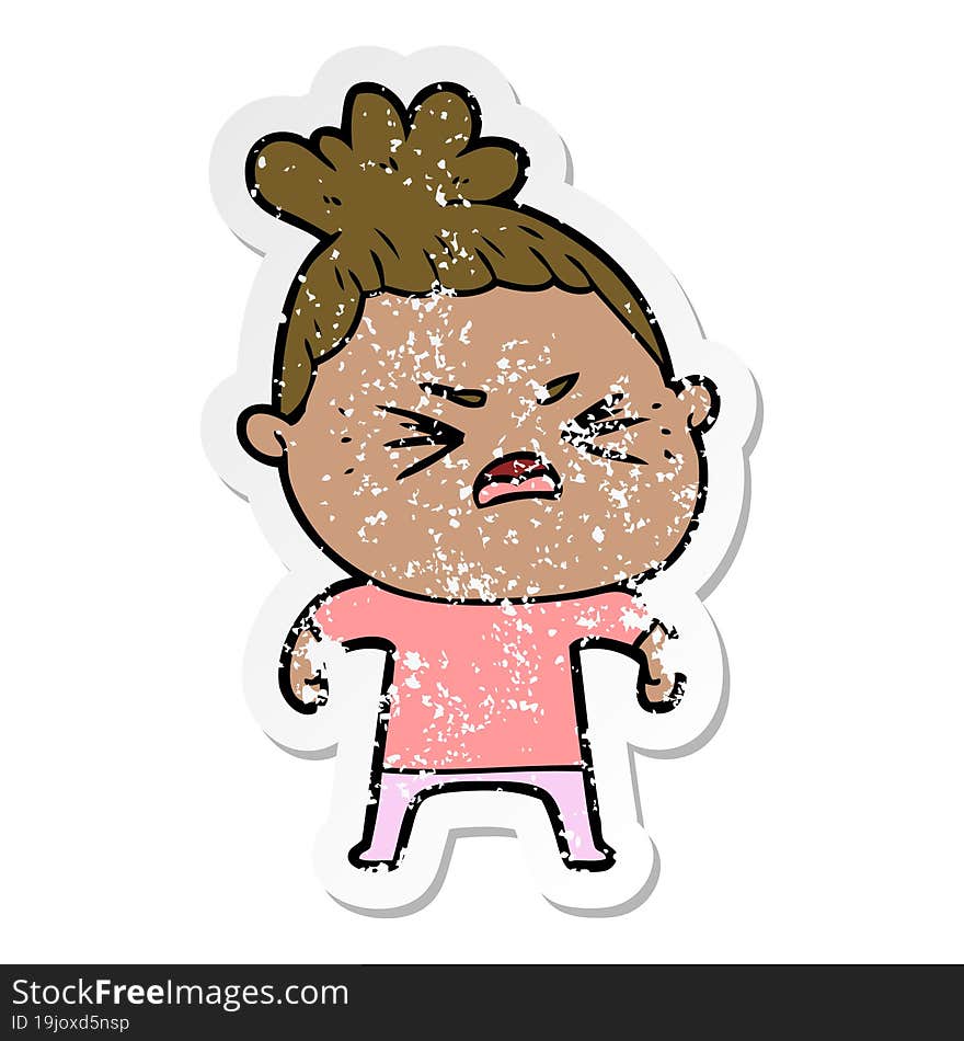 distressed sticker of a cartoon angry woman