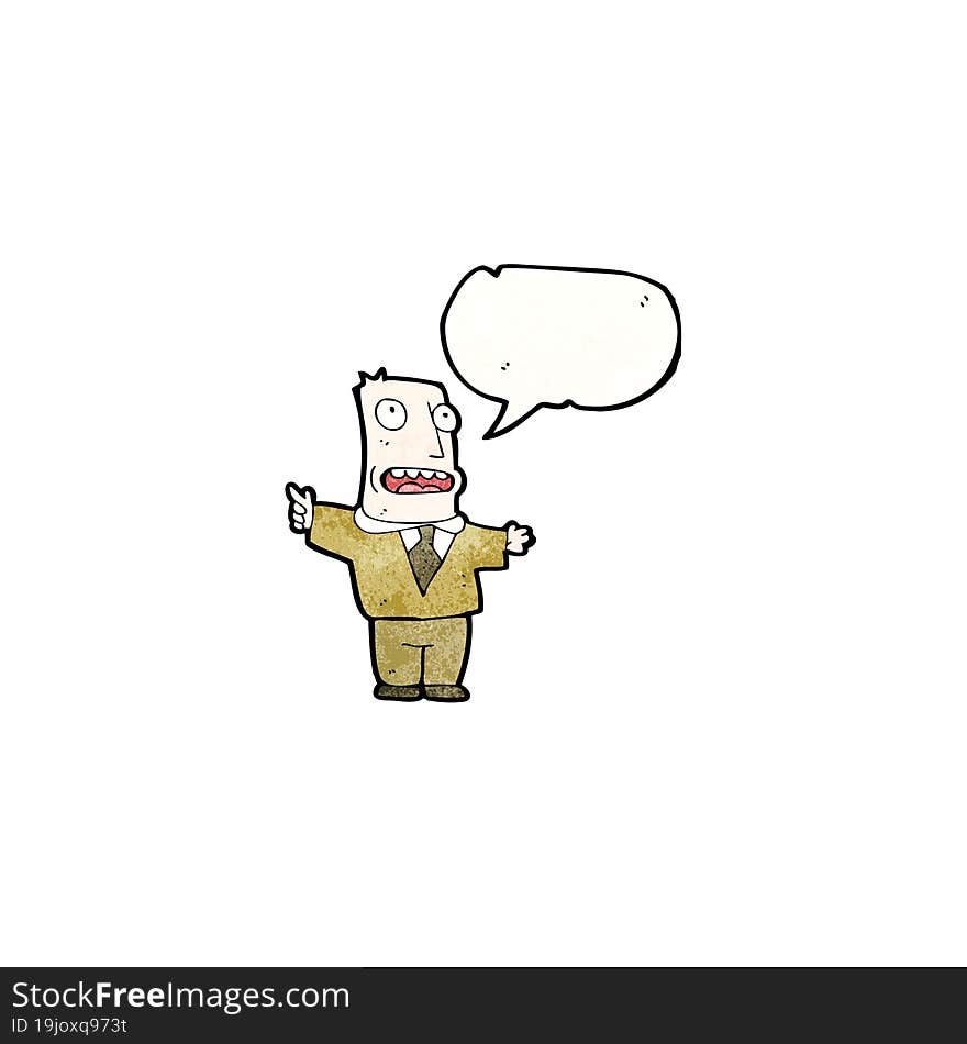 cartoon man in brown suit with speech bubble