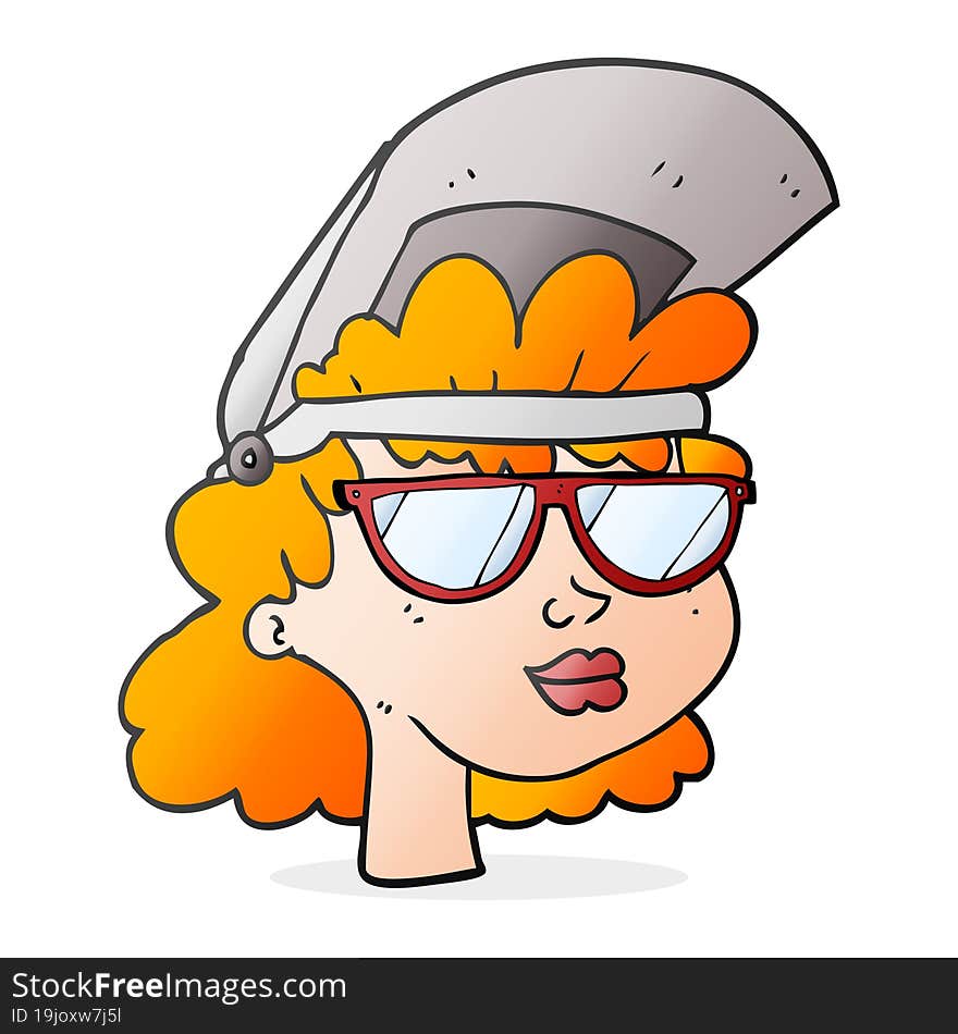 Freehand drawn cartoon woman with welding mask and glasses