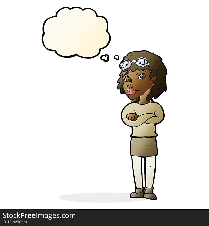 cartoon woman with crossed arms and safety goggles with thought bubble