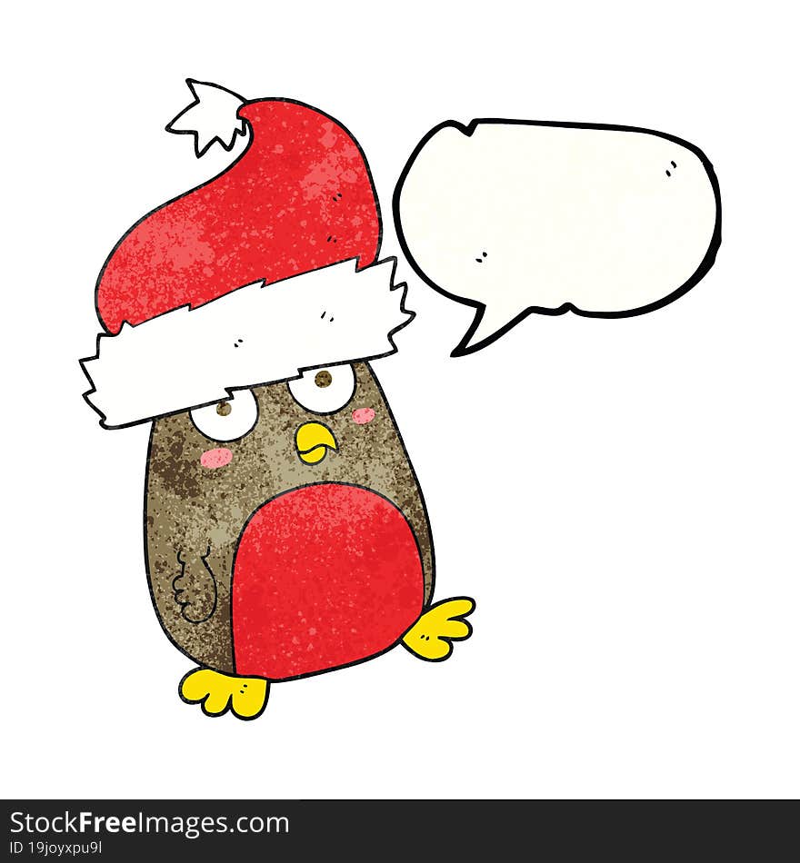 freehand speech bubble textured cartoon christmas robin wearing christmas hat. freehand speech bubble textured cartoon christmas robin wearing christmas hat